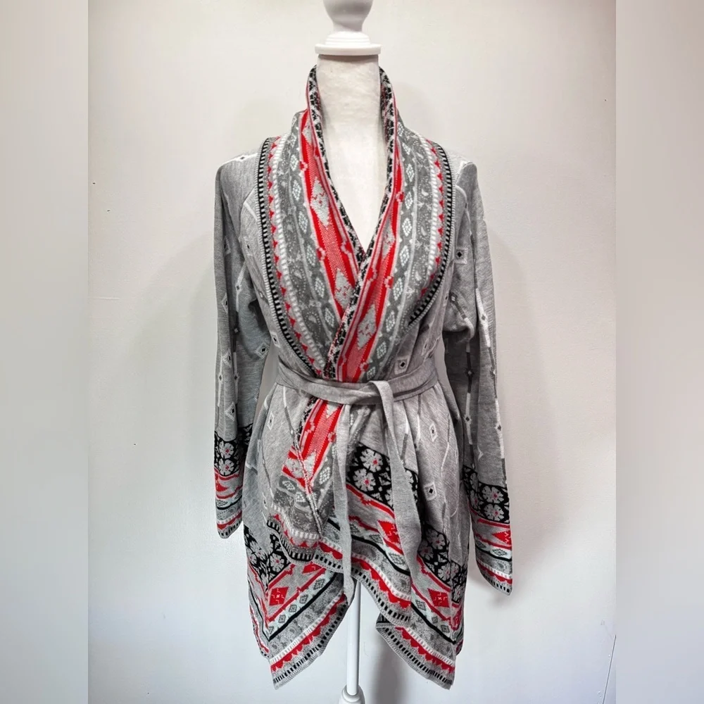 Freeway Southwestern Aztec Print Gray Belted Wrap Asymmetric Hem Draped Front